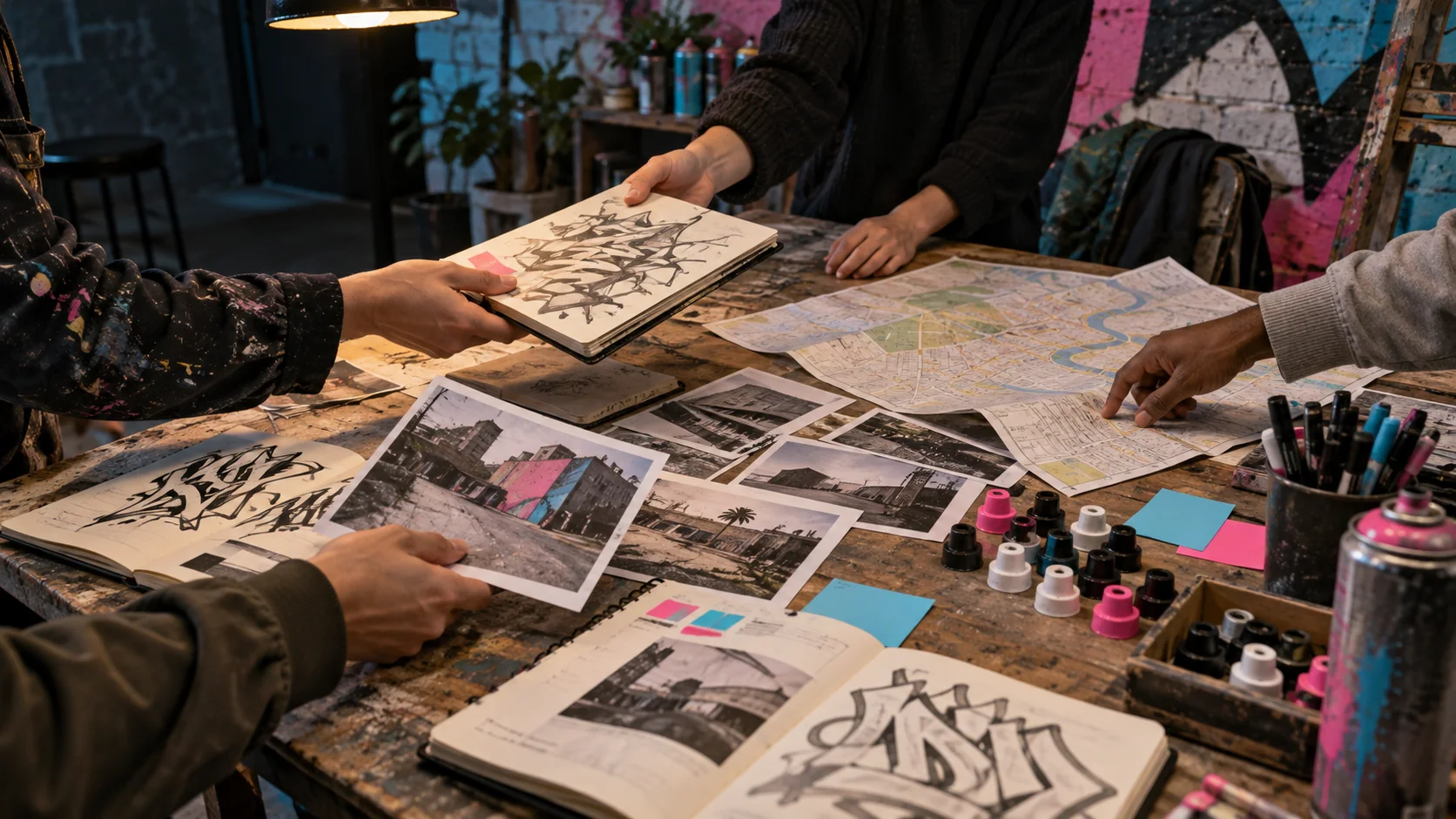 Community members sharing sketchbooks, wall photographs, a city map, and painting materials around a studio worktable.