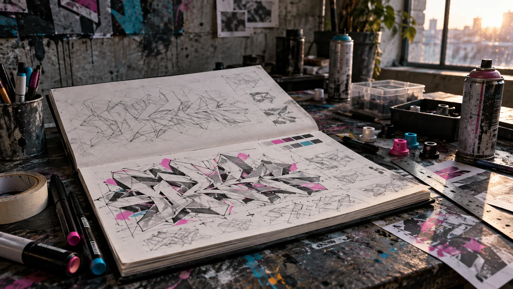 Open sketchbook showing the progression from graffiti letter skeletons to connected wildstyle forms on a paint-marked studio table.